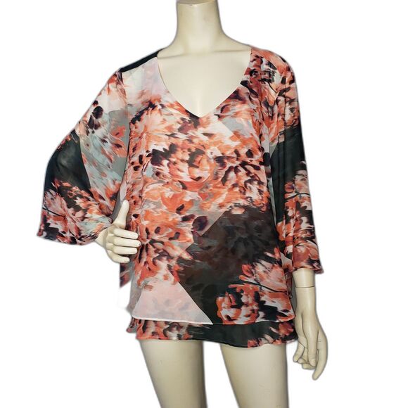 Jennifer Lopez Blouse Womens XL Pink Floral Chiffon V Neck Sheer Layered Top - Picture 1 of 7